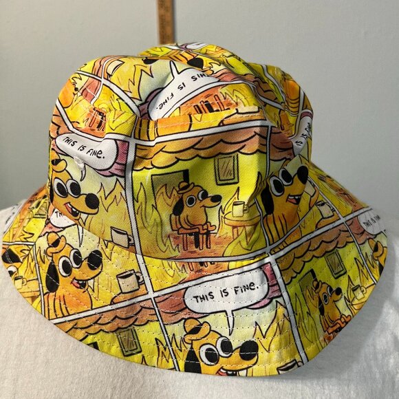 "This is fine" Dog Meme Bucket Fishing Hat - Possibly One of a Kind - Picture 1 of 4